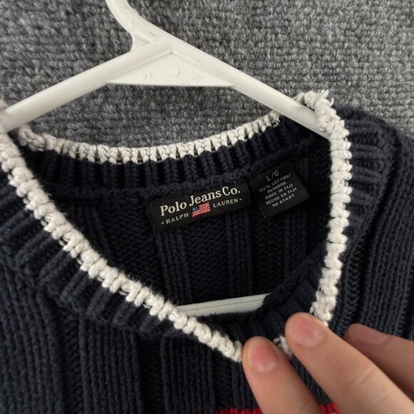 Ralph Lauren Flag Sweater USA Women Red White Blue Large Cotton Knit Ribbed Crew - Picture 10 of 12